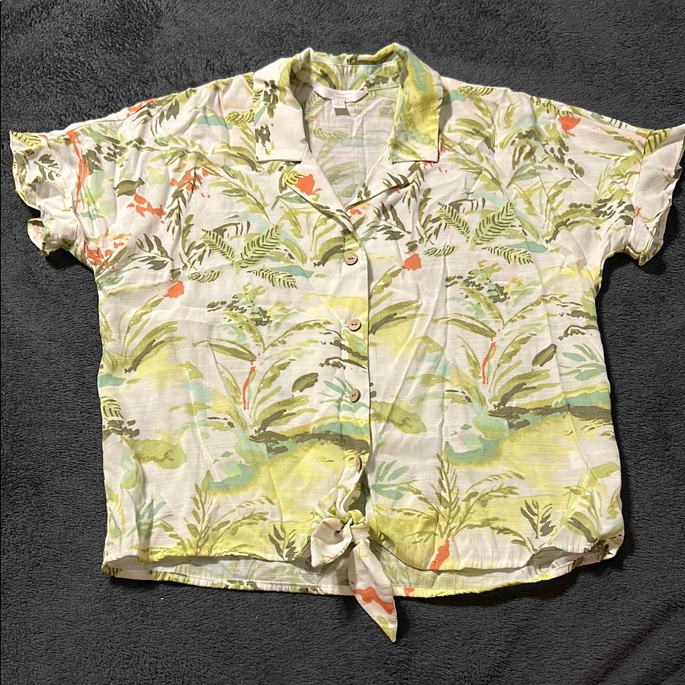 Lauren Conrad women’s small crop top tropical collared button down tie ruffles